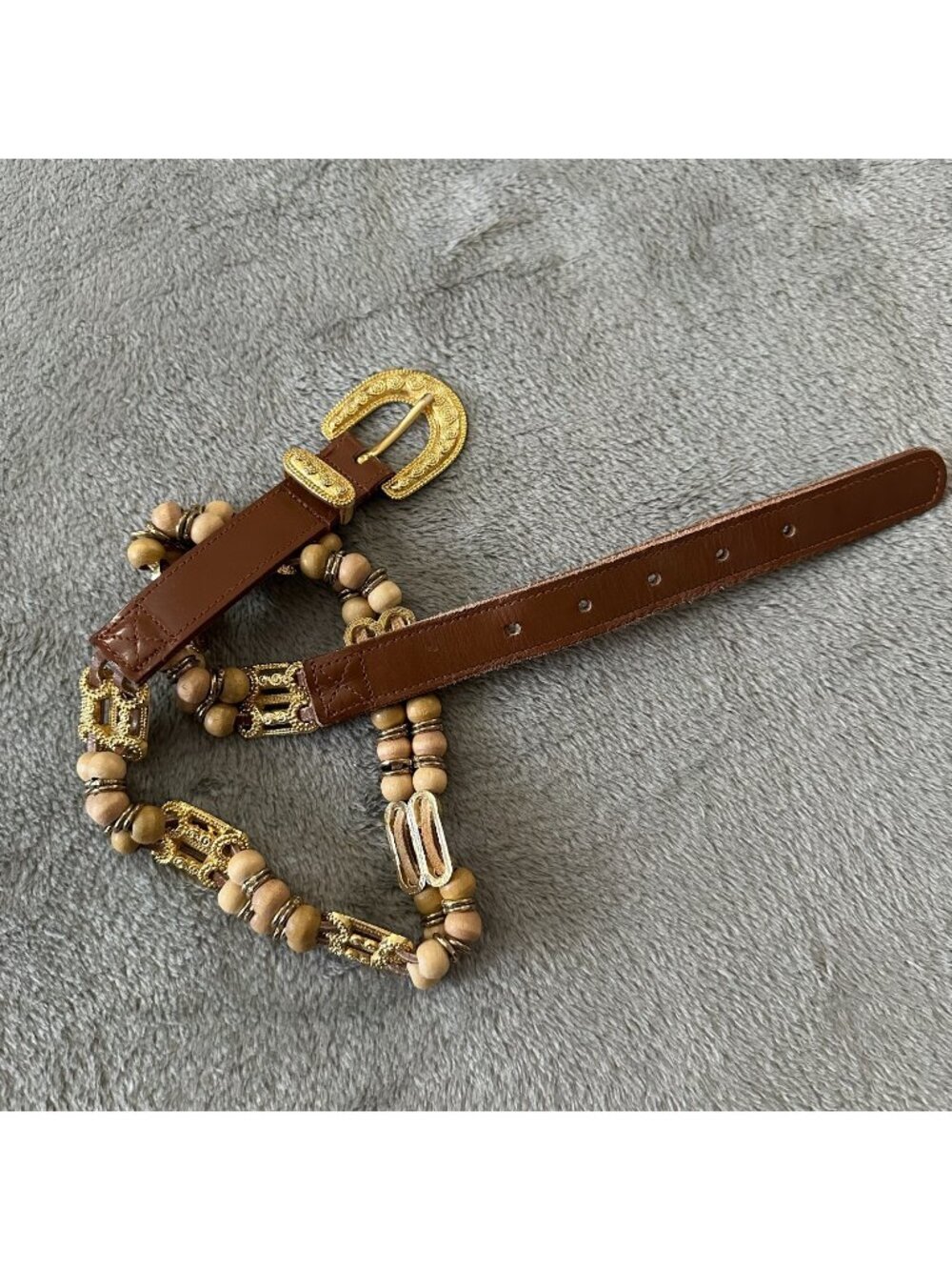 Vintage Express Belt Beaded Gold Brown Leather SMALL Women's